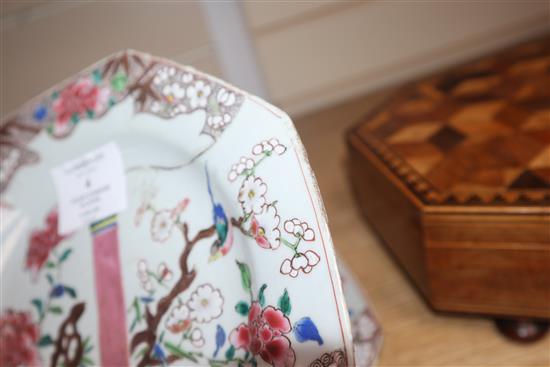 Four 18th century Chinese famille rose plates, length 23cm